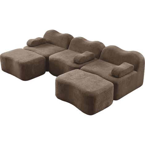 Canapé modulable 3 places avec deux poufs, canapé en U sans structure, velours marron et mousse haute densité 32D (1/5)