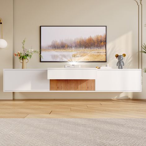 Mueble TV moderno blanco 180 x 34 x 30 cm con estante extraíble para proyector OKWISH (1/5)