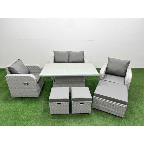 Fimous Light Grey PE Wicker Rattan Garden Furniture Set Sofa Set Reclining Chair Adjustable Lifting Dining or Coffee Table 7 Seater 3 Stools (1/5)