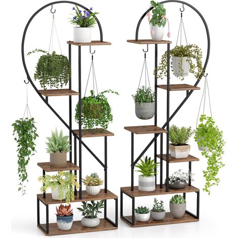 COSTWAY 2 Pack 6-Tier Metal Plant Stand Heart-Shape Ladder Plant Shelves-Brown (1/5)