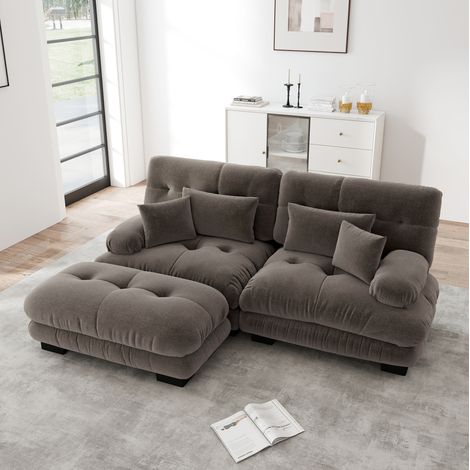 Canapé modulable d’angle marron en chenille avec ottomans mobiles et coussins lombaires (1/5)