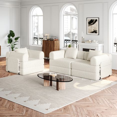Canapé convertible 1 place en chenille beige avec rangement dans l’accoudoir (1/5)