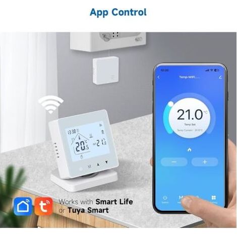Thermostat Connecté et Intelligent WiFi Thermostat sans Fil +récepteur Thermostat chaudiere gaz,programmable Tuya APP Compatible avec Alexa et Google Assistant Alimentation par Batterie ou USB