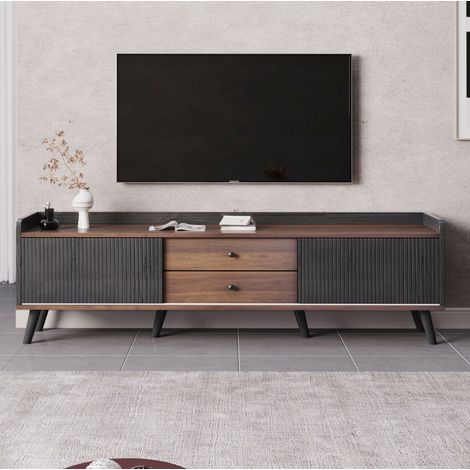 Mueble TV 160x40x58 cm negro y madera, 2 cajones y 2 puertas correderas (1/5)