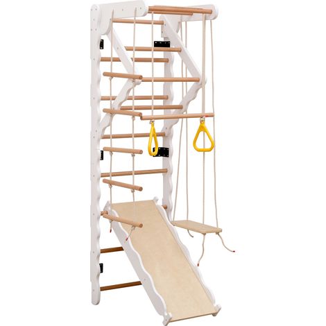 Structure d’escalade multifonctions 6-en-1, espalier, contreplaqué, bois massif, hêtre. 50KG. Toboggan, balançoire, échelle de rampement, structure d’escalade, zone de traction. Anneaux. Ensemble de g (1/5)