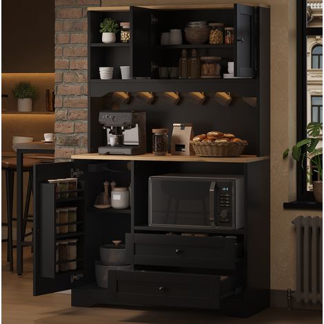 Mueble alto de cocina 100 x 40 x 163 cm con LED, enchufes, USB y hueco para microondas, negro (1/5)
