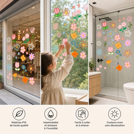 Lot de 2 Stickers Vitrine Fleurs Statiques sans Colle PVC 38 x 45 cm Decoration Porte en Verre (1/4)