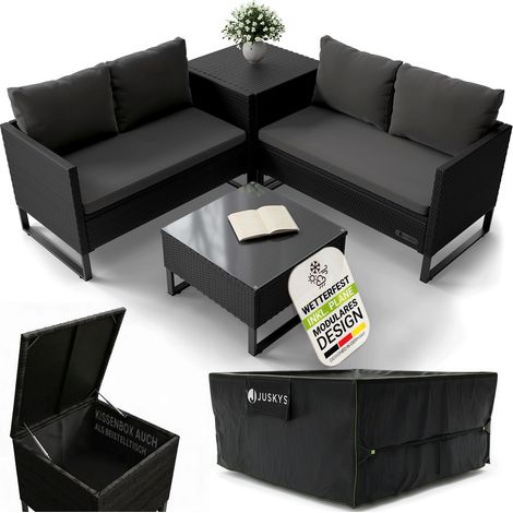 Juskys Outdoor Polyrattan Lounge Santorini inkl. Abdeckung - Gartenlounge mit Beistelltisch & Auflagenbox - Gartenmöbel Set Rattan Sitzecke wetterfest - Schwarz