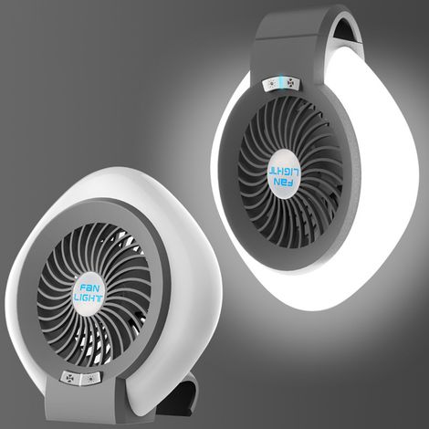 Tragbarer Campingventilator mit eingebauter Lampe, Schreibtischlampe, einstellbarer LED-Beleuchtung, niedriger Lüftergeschwindigkeit, wiederaufladbar.