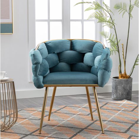 Sedia imbottita moderna in velluto blu con braccioli, schienale medio, gambe in metallo color oro (1/5)