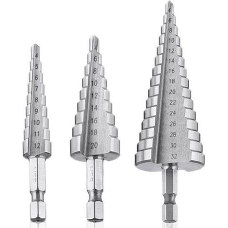 Foret Etagé, Foret Fraise Metal HSS 3PCS SKU00468 Meche Etage Perceuse Acier Fraise Forage Conique Triangle (1/4)