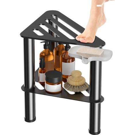 Tabouret de Douche d'angle en métal avec Porte-Savon intégré, antirouille, Repose-Pieds pour se raser sous la Douche, Petit Tabouret avec étagère de Rangement, antidérapant (Noir) (1/5)