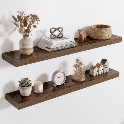 Étagère Murale en Bois, Version Extra résistante, Longueur 90 cm, Tablette Murale pour Salon, Salle de Bain, Chambre, Cuisine, Brun Vintage, Lot de 2 (1/5)