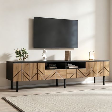 MEUBLIV meuble TV 180 cm noir et bois – 2 tiroirs, 2 portes (1/5)
