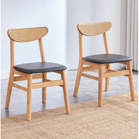 Chaise de salle à manger en bois massif coloris bois avec dossier en rotin et assise rembourrée, style scandinave (1/5)