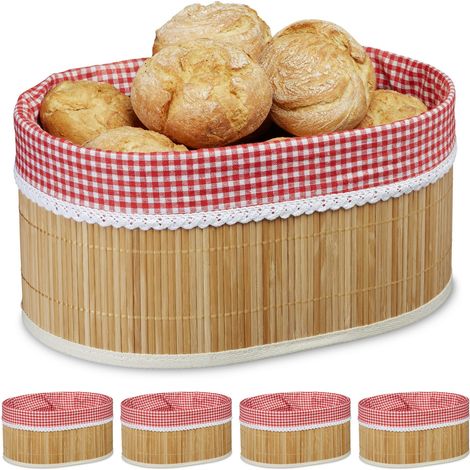 5 Paneras de Bambú, con Funda, 16,5 x 33,5 x 23,5 cm, Cestitas Almacenaje, para Mesa de Desayuno, Natural