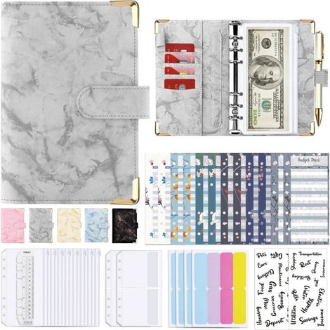 RHG 33pcs Classeur A6 budget enveloppe budget, PU Cuir Budget Planner Couverture, Documents Multifonctionnel avec Transparentes Pochettes Zippées Dossier,feuilles Budget autocollants d'étiquettes