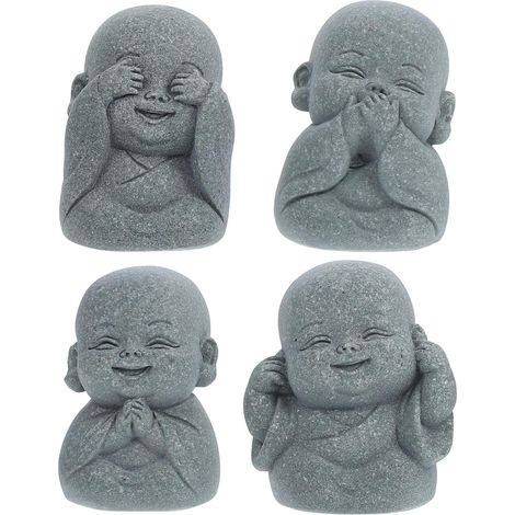 Lot de 4 Figurines de Moine - Résine et Grès - Style Zen Artisanal - Décoration Intérieure Paisible - Bureau Salon Étagère - Gris 4cm (1/5)