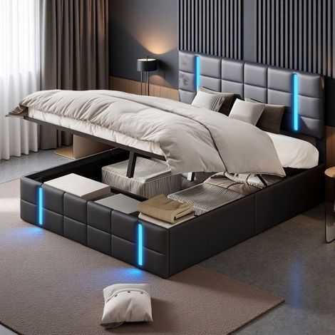Doppelbett 140x200 - Leises Hydrauliksystem - Riesenbox 0,4m³ - Integrierte LED - Modernes Design Schwarz