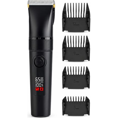 Tondeuse barbe et cheveux sans fil 2-en-1 : un modèle rechargeable sans fil doté de 9 réglages de hauteur de coupe, d'une tête de coupe amovible en céramique et titane, et d'un corps mat antidérapant. (1/5)