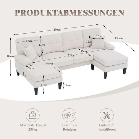 Canapé U 4 places beige en velours côtelé doux, chaise longue double intégrée, rembourrage confortable et structure robuste pour salon