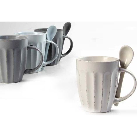 TAZZA MUG IN STILE SHABBY IN COLORE ASSORTITO CON CAPIENZA 340 ML E CUCCHIAINO