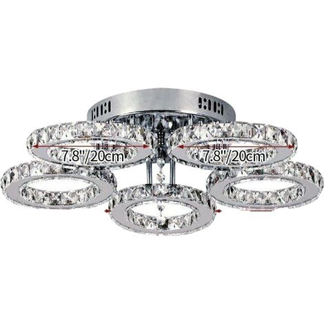 Lustre en cristal LED moderne, 2600lm, finition chrome, 5 anneaux, 5 anneaux, Blanc chaud