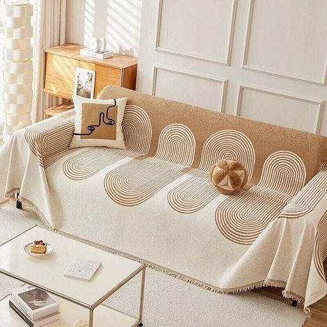 Housse de canapé réversible en chenille, couverture de canapé pour chiens, protection de canapé multifonctionnelle, motif de lignes géométriques, antidérapante, avec pompon Beige