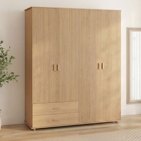 JULIETTE Armario de 4 puertas efecto listones de madera en color roble Armario de 160 cm con 2 cajones y estantes