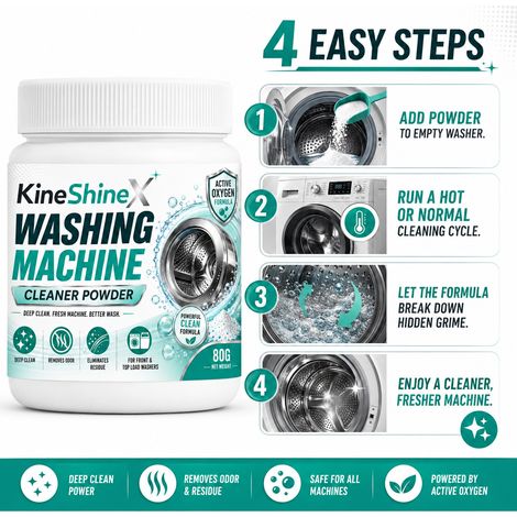 KineShineX Waschmaschinenreinigerpulver löst Tierhaare, beseitigt Gerüche und schäumt effektiv. (1/5)