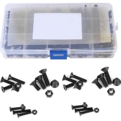 Coffret de 460 boulons hexagonaux, noirs, à tête plate, en acier au carbone, comprenant les tailles M3, M4 et M5. (1/5)