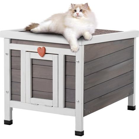 Maison pour Chat d'Extérieur, 513x420x420 mm, Niche pour Chats en Bois, Résistante aux Intempéries, avec Toit Ouvert par Le Haut, Porte en PVC, Cabane Abri pour Plusieurs Chats Lapins Sauvages (1/5)