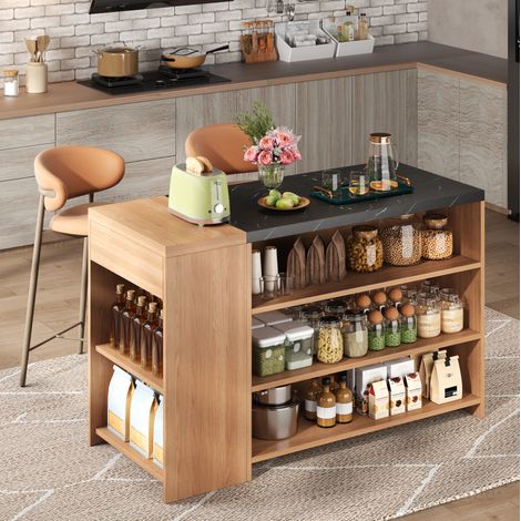 Isola da cucina con contenitore 140 x 60 x 90 cm, MDF nero e naturale DESVIAE (1/5)