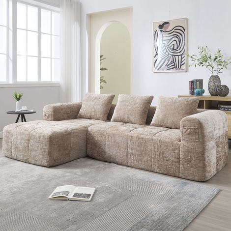 Canapé modulaire en 3 places, sans installation, chenille avec chaise longue, accoudoirs, 3 coussins et poche latérale, kaki (1/5)