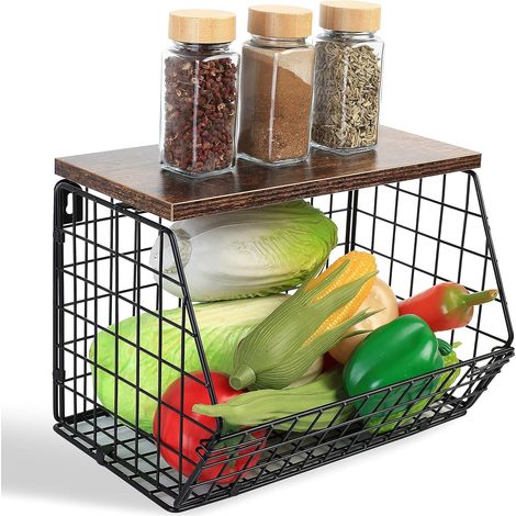 Empilable Panier Fruits Murale,Cuisine Basket Avec Un Couvercle en Bois (1/5)