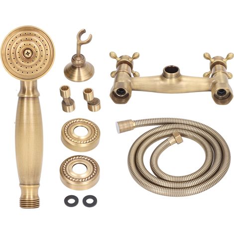 Ensemble de robinetterie de douche en laiton antique avec douchette à main et poignée en croix murale (1/5)