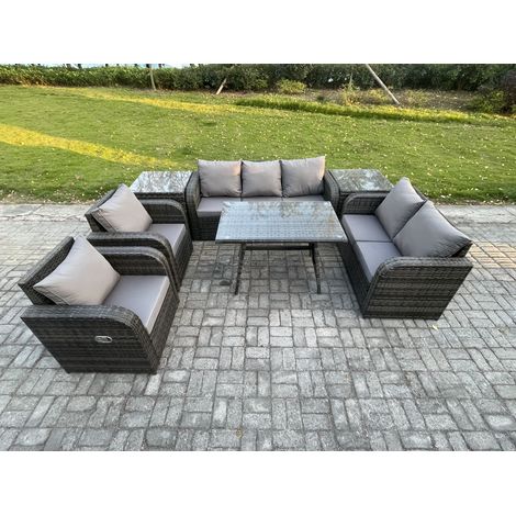 Fimous 7-Sitzer Hoher Rücken Polyrattan Sofa Set Gartenmöbel Esstisch Set mit Liegestühle 3-Sitzer Sofa Love Sofa 2 Beistelltischen (1/5)