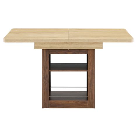 Table à manger extensible bicolore imitation bois, plateau clair avec pied central foncé à étagères de rangement, bords arrondis, table repas modulable pour cuisine et salle à manger (1/5)
