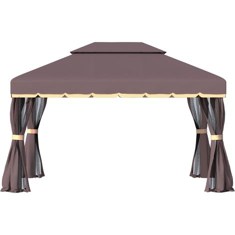 Abri de jardin 3x4m avec double toit, moustiquaire et rideaux, aluminium et polyester, couleur café (1/5)