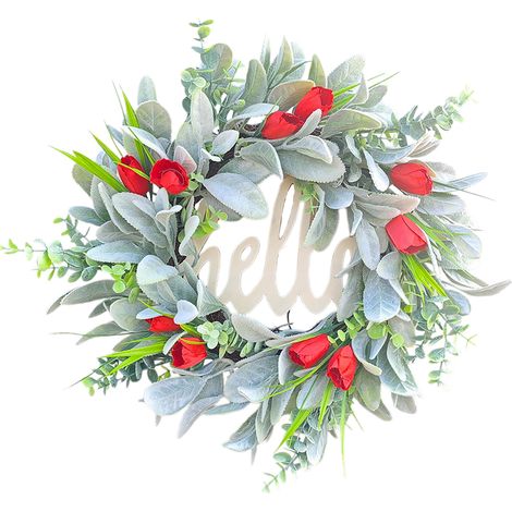 Frühlings- und Sommerblumenkranz, künstliche Tulpenverzierung, „Hallo“-Buchstabendekoration, künstliche Lammohren, Muttertagskranz (1/2)