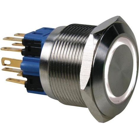 BOUTON-POUSSOIR - PLAT - ACIER INOXYDABLE - DPST 1NO 1NF - ANNEAU BLANC INFO GAMES R2000W (1/3)