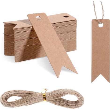 100 etichette regalo in carta kraft 2x7 cm con spago di iuta da 20 m - etichette regalo vuote per matrimoni, lavori creativi, Natale - marrone