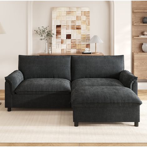 Canape convertible noir en chenille avec pouf coffre OKMYHOME (1/5)