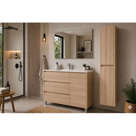 Mobile Bagno VOLUM Già Montato 3 cassetti e porta, lavabo e specchio Estepa 80x45 cm con colonna