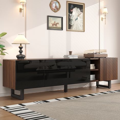 TV-Schrank 180 cm Lowboard Modern Fernsehtisch 4 Türen TV-Board Schwarz Holzoptik Niedriger TV-Ständer Grifflos für Wohnzimmer