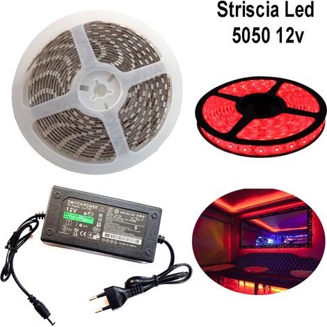 STRISCIA STRIP LED 5050 5M ADESIVA LUCE IP65 ALIMENTATORE 12V 5A ROSSO 12W/M