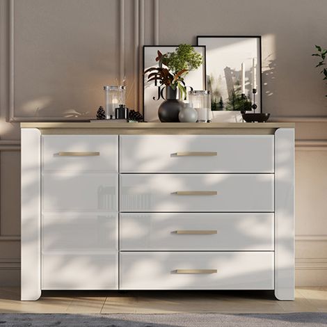 Aparador Bicheno, Alacena 2 Estantes, 4 Cajones, 1 Puerta, 135x40x88h cm Blanco Mate (1/5)