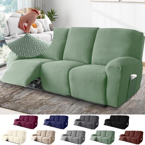 3-Sitzer Sessel Überzug, Sesselbezuge Stretch mit Taschen, All-Inclusive Streifen-Jacquard Sesselschoner für Fernsehsessel Relaxsessel Sesselhusse (Hellgrün, 8-Teilig)