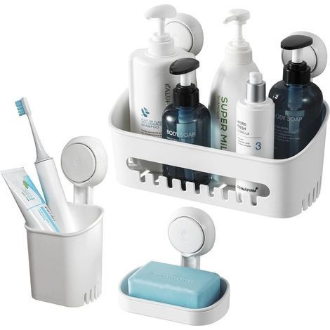 Support de Douche Ventouse et porte-savon et porte-brosse à dents Lot Pas de perçage Support de Douche en Amovible Panier de Douche Aspiration Étanche Organisateur de Rangement (1/5)