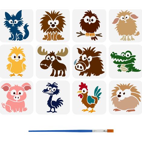 12Pcs Pochoir de Peinture Avec Motifs Animaux de Dessin Animé et Pinceau Pochoirs Réutilisables 15x15cm Motifs Rennes Chats Lions Crocodiles et Oiseaux pour Loisirs Créatifs (1/5)